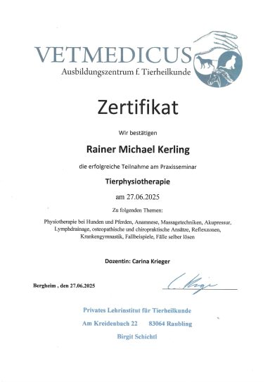 Zertifikat von Vetmedicus für Rainer Michael Karling, ausgestellt am 27. März 2023.